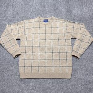 Vintage Pendleton Sweater Mens Large Beige Wool Crewneck Windowpane Knit
